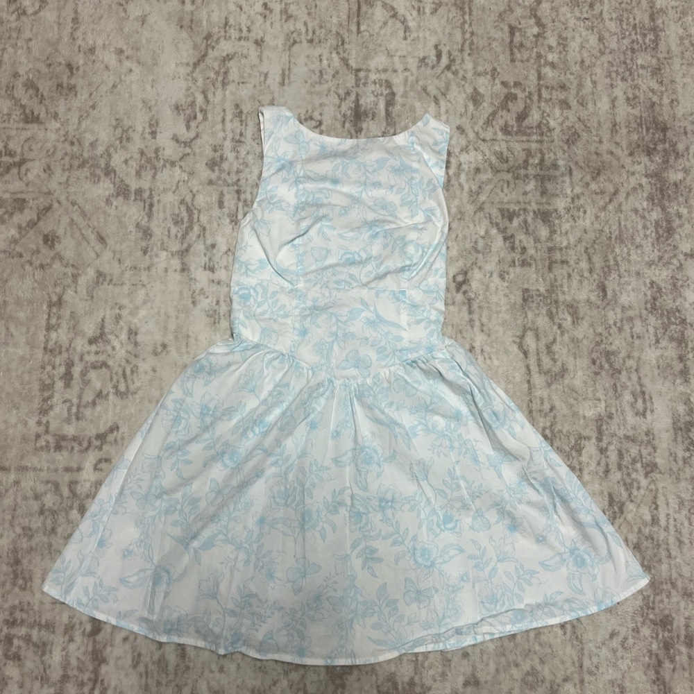 Wild Fable Blue White Floral‎ Toile Open Back Tie Back Fit Flare Skater Dress M